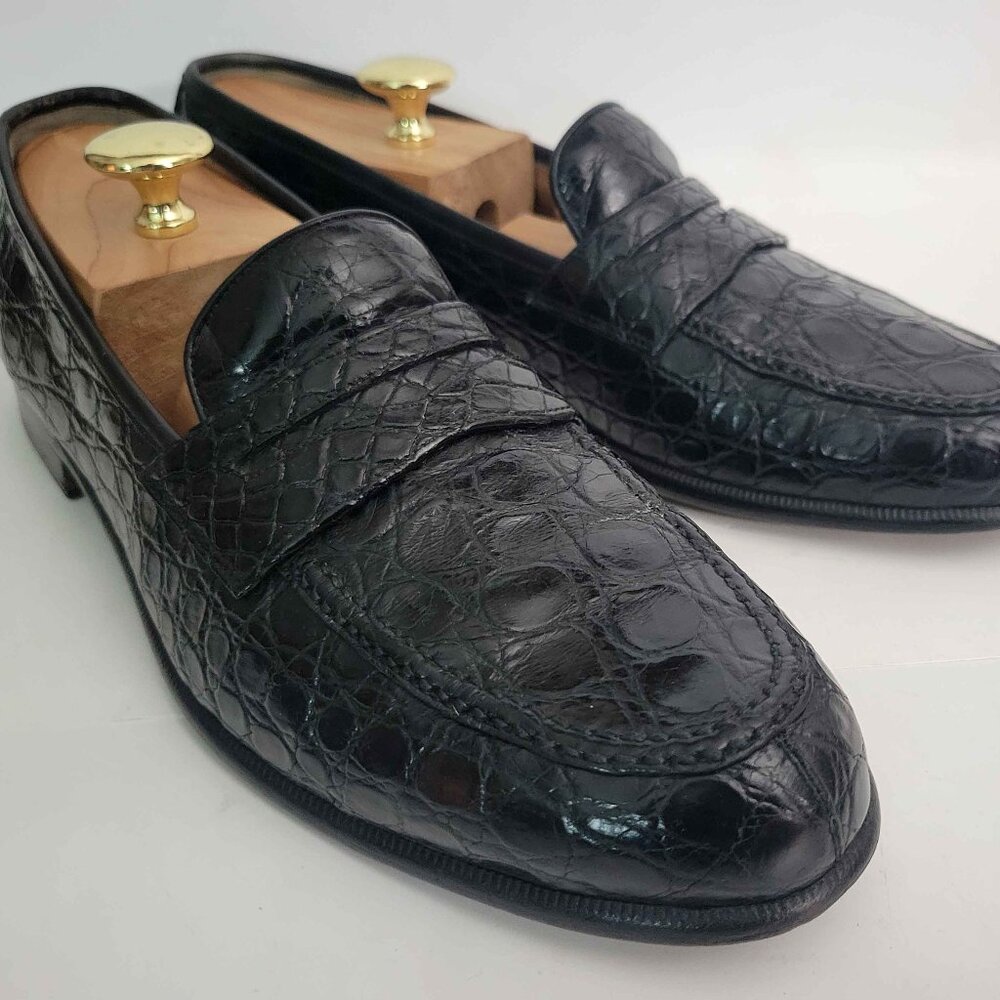 Salvatore Ferragamo Black Crocodile Leather Split Toe Loafers Men's 11 B